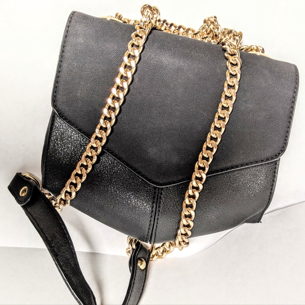 Black gold tone strap Crossbody with snap lock & zipper French style